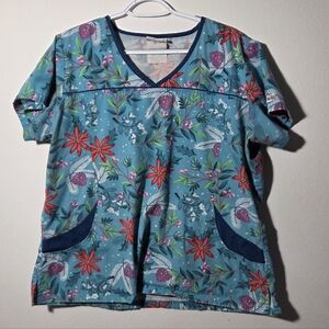 UA Womens Scrubs Top Poinsetta Turqoise Blue Size XL
